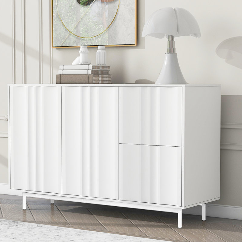 Commode de rangement blanche à motif ondulé - 2 portes, tiroirs, bureau réglable, entrée, salon pour plusieurs cas de figure