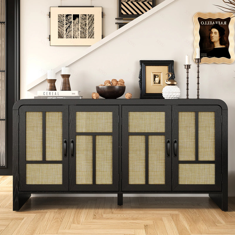 Buffet en rotin avec rangement, grande armoire de rangement Boho de 59 po avec 4 portes et tablettes réglables, console en bois noir pour la cuisine, le vestibule, la salle à manger et le salon