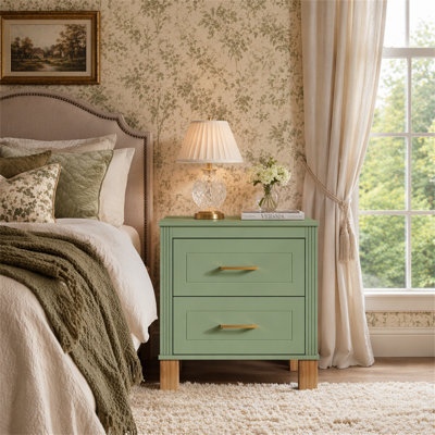 Table de chevet 2 tiroirs, rangement en bois de qualité supérieure avec design cannelé élégant, table de chevet à pieds en bois massif avec poignée en métal, grande table de chevet pour le salon de la chambre à coucher