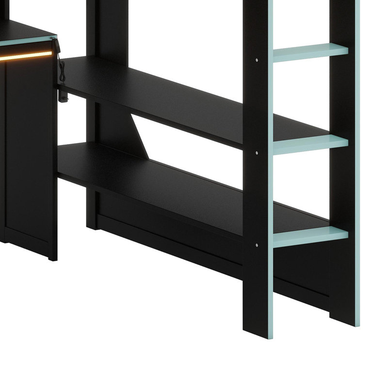 Space-Saving Loft Bed Frame with Workspace, Ambient Lights & Charging Hub, Black+Blue