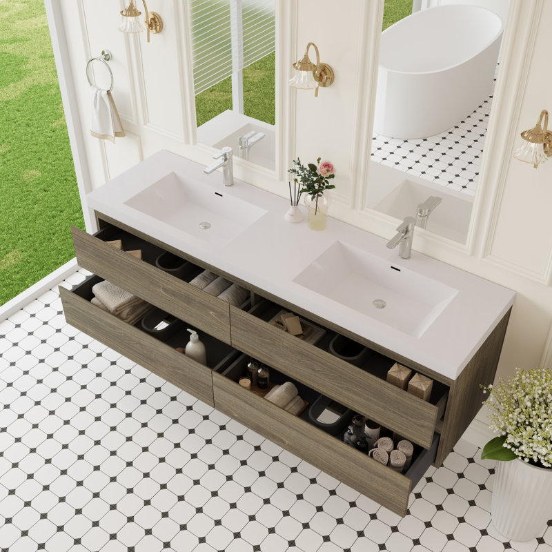 Modern Minimalist Solid Surface Vanity With Engineered Wood For Elegant Bathroom Storage