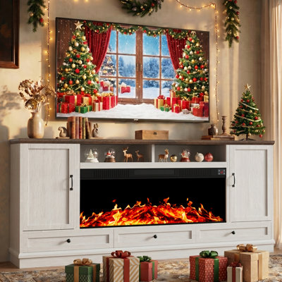 Meuble télé 85 po avec foyer électrique et tiroir, armoire de cheminée en bois, lecteur de musique et flamme réglable