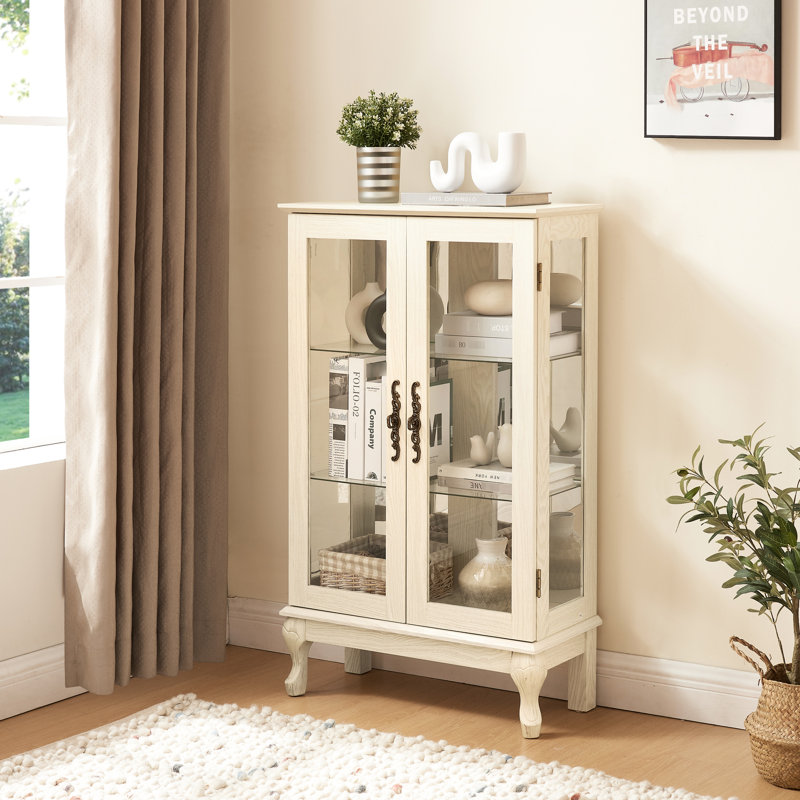 White Display Cabinet With Tempered Glass Doors And Adjustable Shelves - Enhances Home Space Curio Spacious Storage Vintage Metal Handle Showcases Items Distinctively
