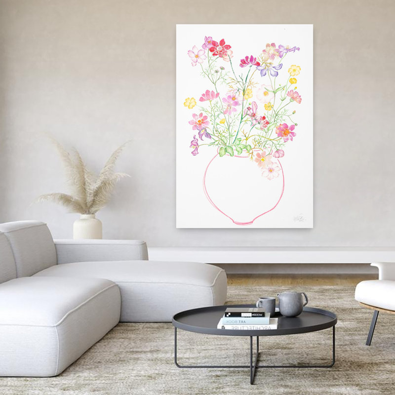 Art contemporain contemporain coloré délicat avec fleur rose délicate, H 60 po x l 40 po