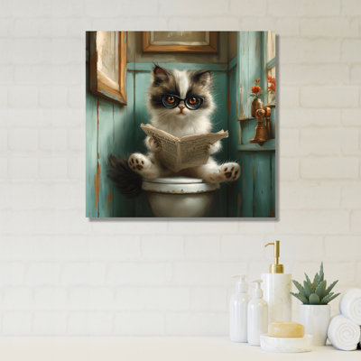 Mignon chat avec lunettes lisant le journal sur la toilette - Art mural de toilette