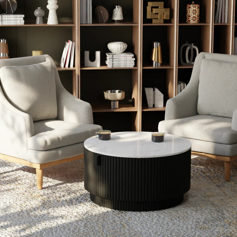 Bensinger Modern Round White Marble Coffee Table – Solid Wood Drum Base, Black & White, Small Coffee Table with Storage