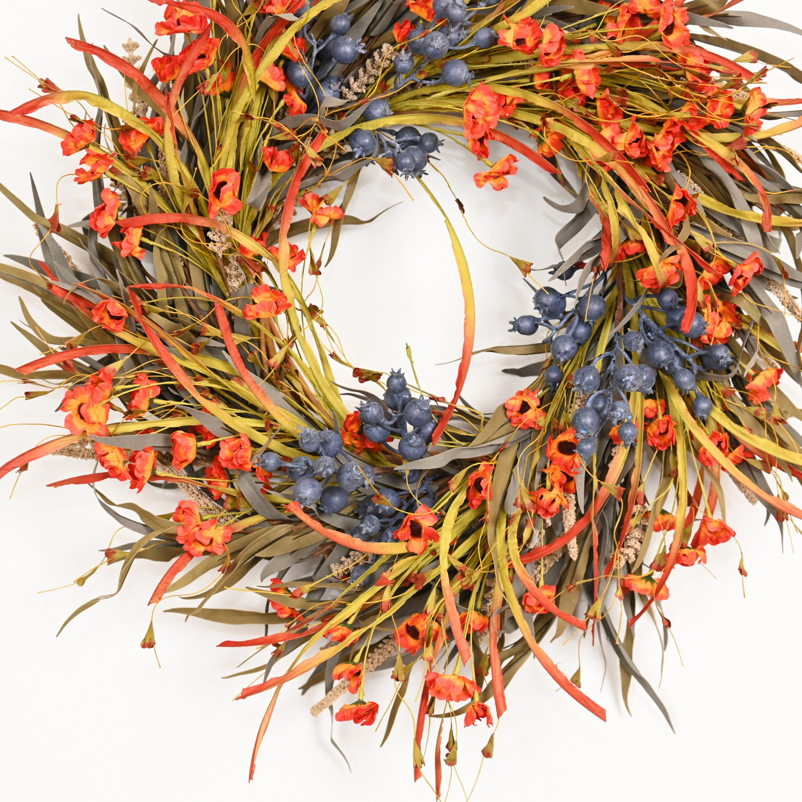26" Artificial Rustic Fall Harvest Grass Berry Poppy Thanksgiving Front Door Wreath, Blue