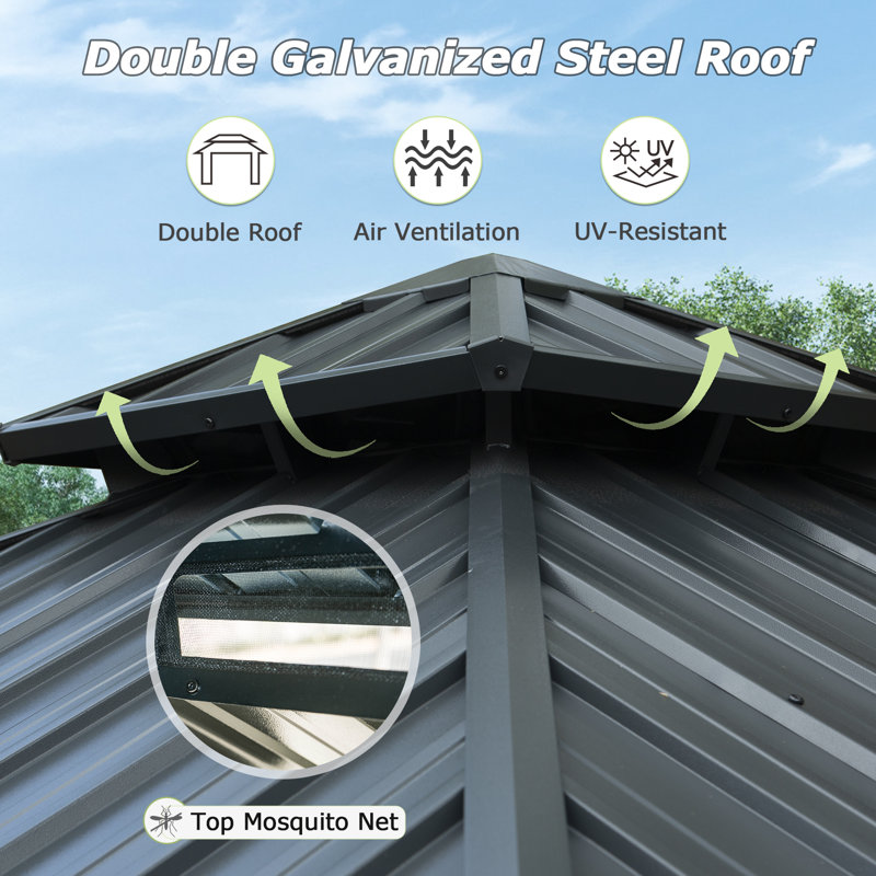 Galvanized Steel Patio Gazebo with Overhang Slope-design Double Roof, 8 ft x 8 ft