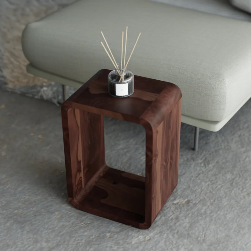 Modern Solid Wood End Table with Open Cube Storage, Walnut Finish, Walnut