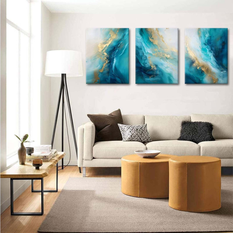 Teal Canvas Wall Art Set Of 3 Abstract Aqua Blue Marble Fluid Wall Decor Pictures Neutral Modern Minimalist Posters Prints For Living Room Bedroom Home Decoration