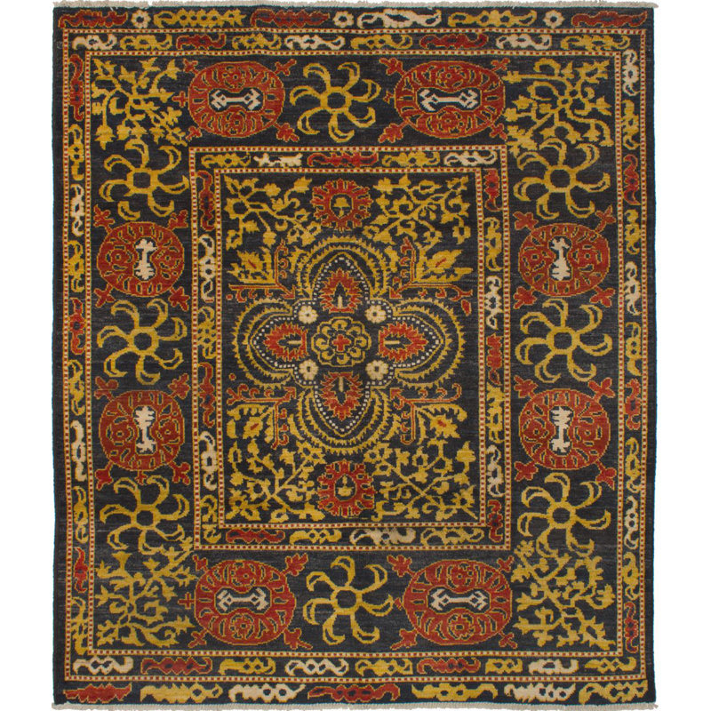 Tapis unique en laine noué à la main Shalimar nouvel âge rouge / doré 8 pi 7 po x 9 pi 9 po Céline
