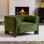 Fauteuil rembourré en chenille vert avec accoudoirs courbés et pieds en bois massif