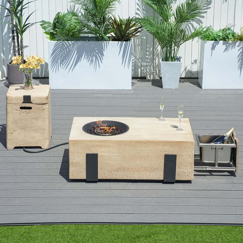 Table de foyer d'extérieur au propane avec couvercle en oxyde de magnésium H 14,57 po x l 42,13 po, Brun