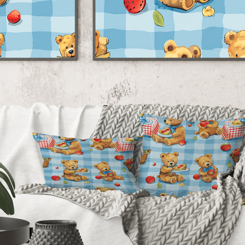 Coussin rose rose brun avec ourson pique-nique II, H 16 po x l 16 po
