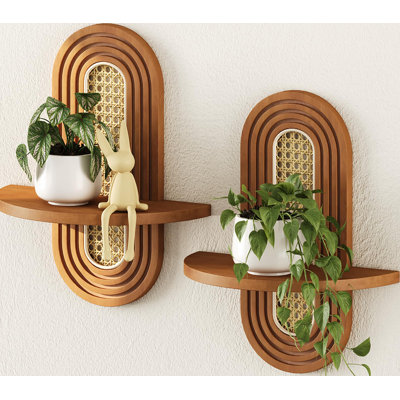 Boho Rattan Floating Shelves Wall Mounted Plant Display Set of 2