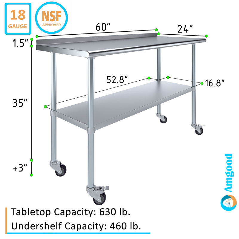 Table en acier inoxydable avec dosseret et roulettes AmGood. NSF., H 39,5 po x l 60 po x P 24 po