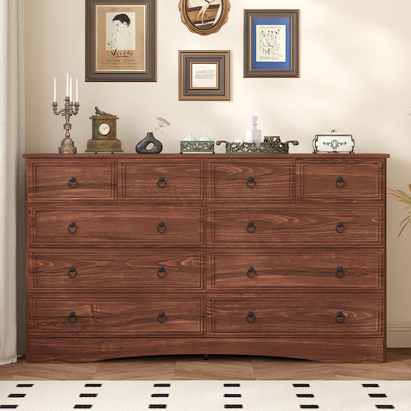 55 Inch Dresser for Bedroom, 10 Drawer Dresser with Large Drawers, Mid Century Modern Wide Wood Chest for Living Room, Hallway, Cherry Wood Color