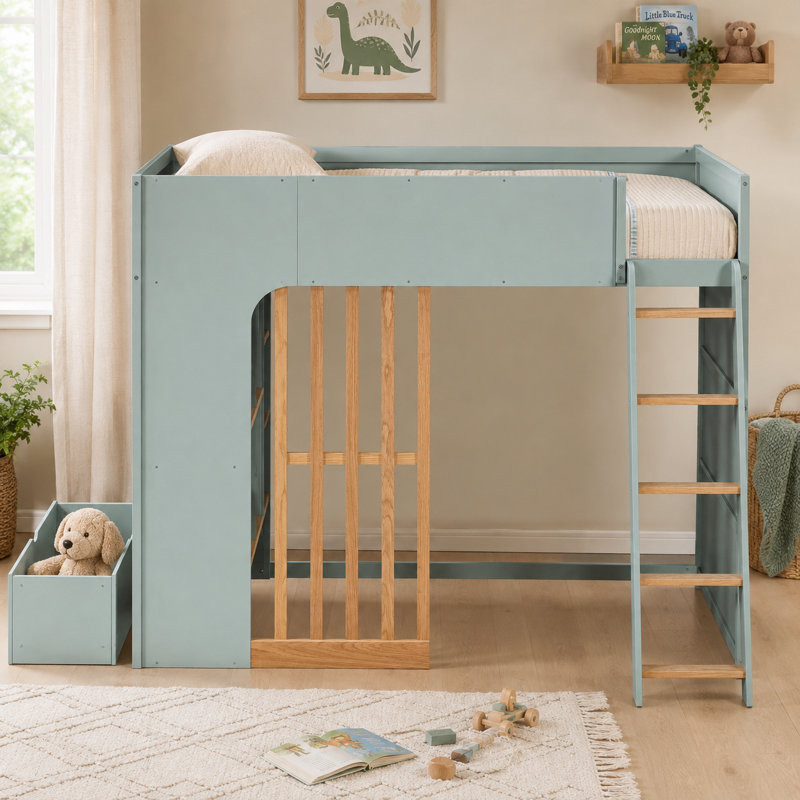 Lit mezzanine avec tablettes de rangement Leonide, Lit simple, Vert menthe