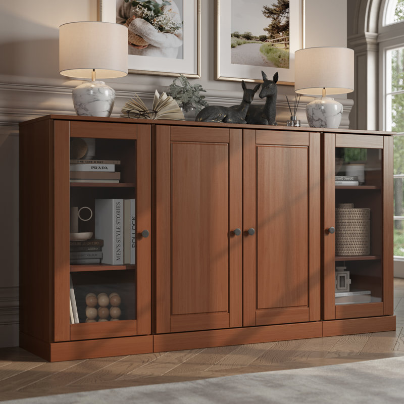 Kyreigh 100% Solid Wood 65" Sideboard with Solid, Clear Glass Doors and Adjustable Shelves, Navy