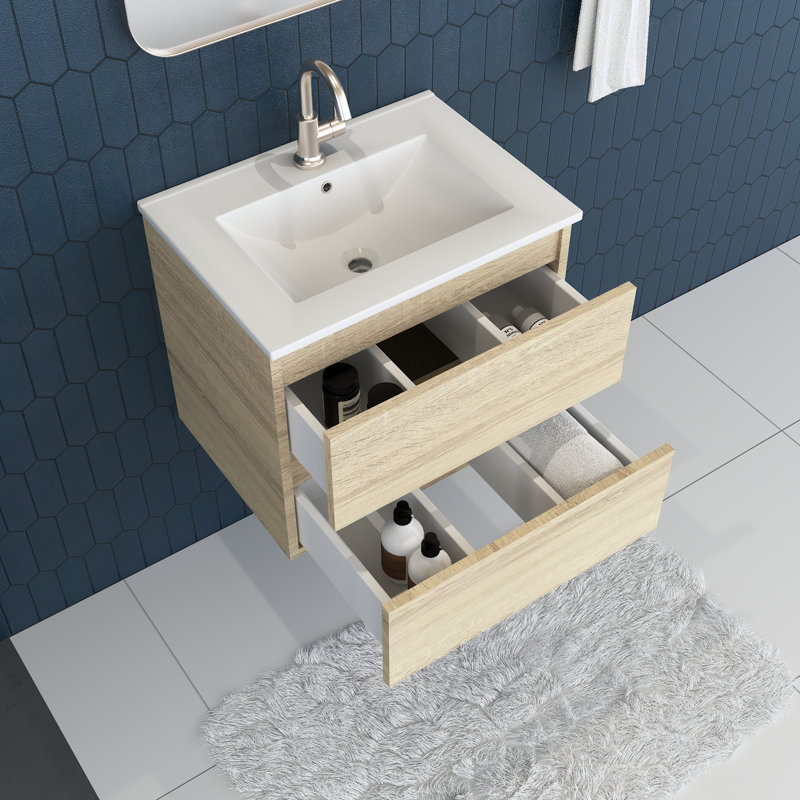Salt 24'' Single Bathroom Vanity with Ceramic Top, White Oak