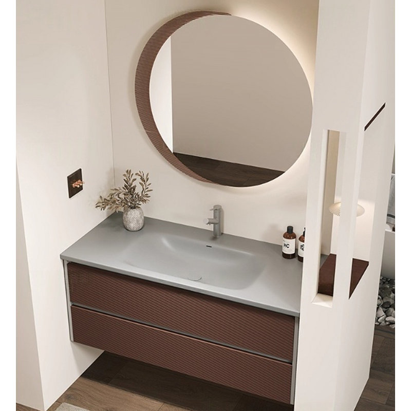 Meuble-lavabo Mid-Century en bois d'hévéa au fini brun avec comptoir Corian