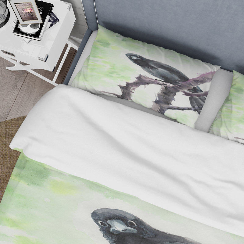 Curious Crow On A Branch - Ensemble de housse de couette traditionnel - Microfibre de polyester