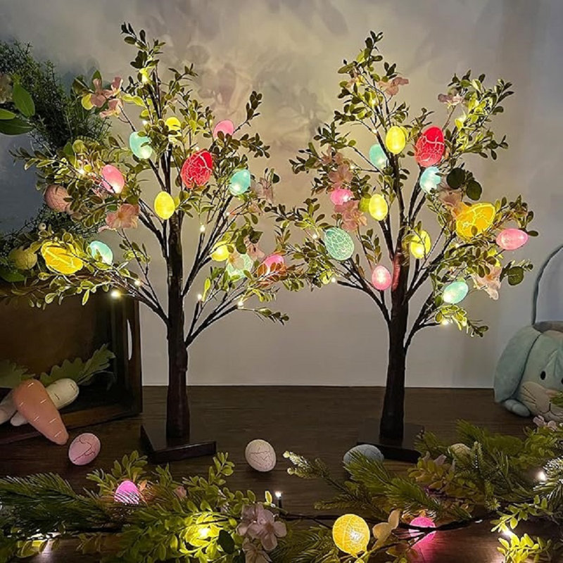Easter Decoration Set Of 2 Lighted 24 Inch Artificial Tree With Easter Eggs & Colourful LED Lights, Light Up Tabletop Bonsai Tree For Table Home Holiday Spring Decor