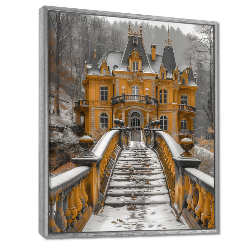 Orange orange, château d'hiver en France - Châteaux, art mural, Toile argentée avec cadre flottant
