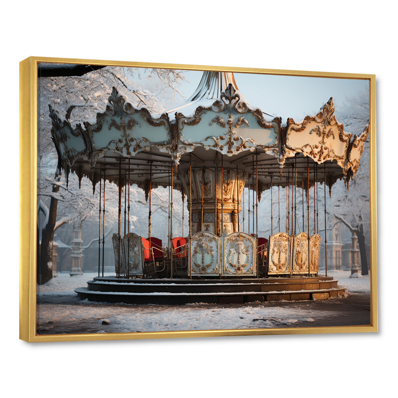 Carousel Winter Scenery In Paris sur impression sur toile, Cadre flottant doré, H 30 po x l 40 po x P 1,5 po