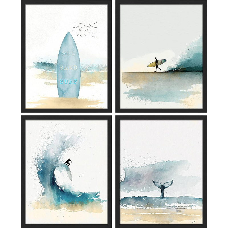 Planche de surf pastel, vague de baleine de plage, impression encadrée, 4 pièces, Cadre noir, H 14 po x l 11 po x P 1 po