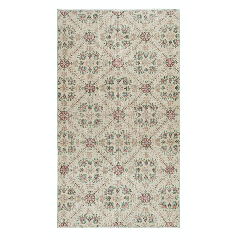 Tapis anatolien rétro noué à la main avec fond beige et motif floral vert