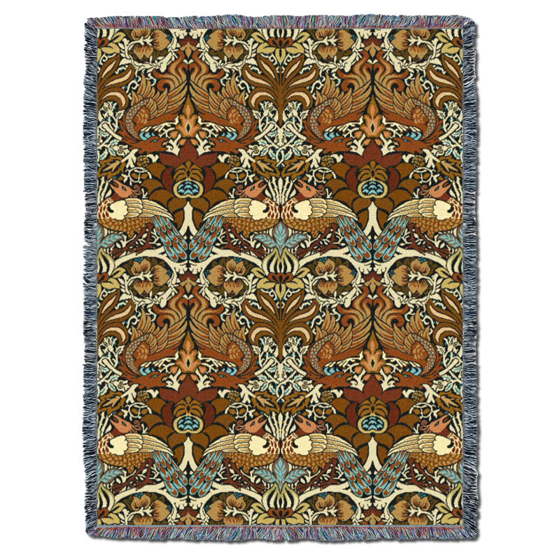 Couverture XL Pure Dragon Weavers William Morris Dragon and Peacock Sienna, L 80 po x L 60 po, Terre de Sienne