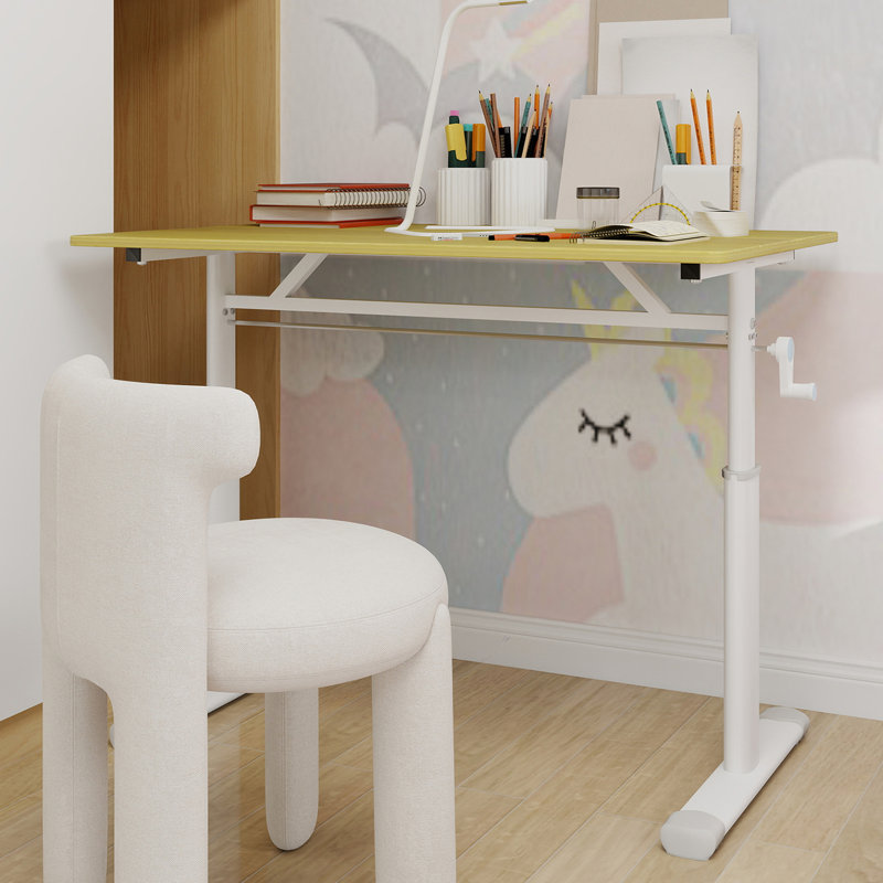 Bureau pour différentes hauteurs, réglable à la main - manivelle, pieds de table blancs, bureau personnel stable et espaces d'étude