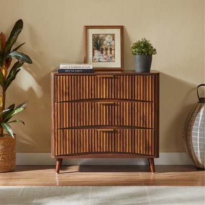 Fluted 3 Drawer Dresser, Mid-Century Modern Tall Chest of Drawers with Vertical Grooved Design, Solid Wood Storage Cabinet with Metal Handles for Bedr