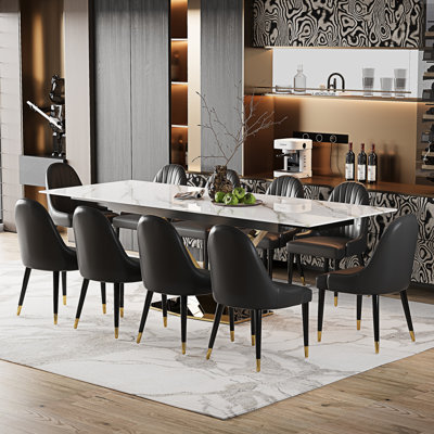 Dining Table Set With 94.5'' Extendable Sintered Stone Top And 8 Faux Leather Chairs