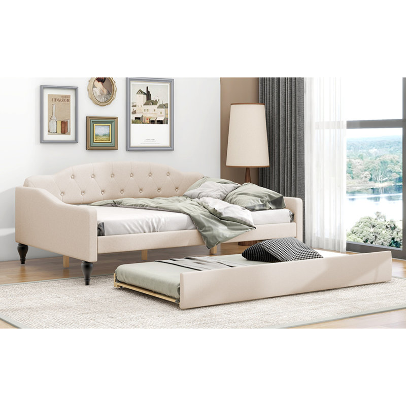 Lit de jour double capitonné capitonné avec deux tiroirs, beige