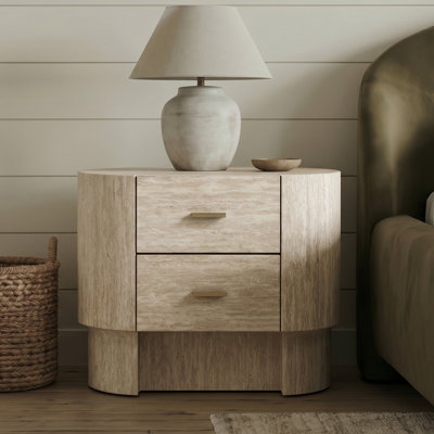 Modern Curved Travertine Nightstand with 2 Drawers, Beige Marble-Look Veneer Bedside Table