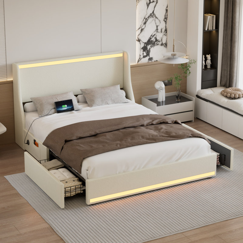 Queen Size Storage Platform Bed with Charging Station and Smart Control RGB LED Lights, Beige Upholstered Bed Frame with Storage Drawers, USB & Type-C Charging Ports, Soft Linen Padded Headboard, 2 Under-Bed Storage Drawers, No Box Spring Needed