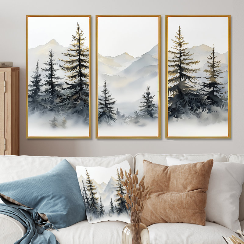Green Pine Tree Misty Mountain - ensemble de reproductions d'art mural pin, Toile avec cadre flottant or
