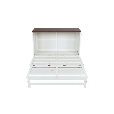 Grand lit escamotable avec tiroir de rangement et station de charge Murphy, port USB, cadre de lit escamotable en pin massif pour bureau à domicile, studio ou chambre d'amis, noyer blanc