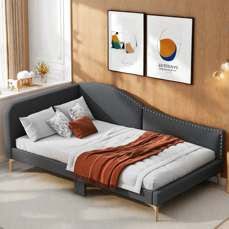 Upholstered Daybed With Headboard And Armrest, Gray, Twin