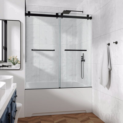 Porte de douche coulissante double sans cadre 66 po x 66 po, porte de douche double, verre trempé Sgcc 3/8 po (10 mm), acier inoxydable, noir mat
