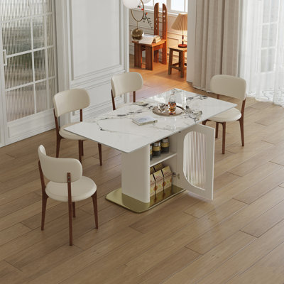 63" Modern 4-6 Person Dining Table Set with Storage, Burnt Stone Tabletop & Gold Solid Wood Base, Includes 4  White PU Chairs for Kitchen, Apartment