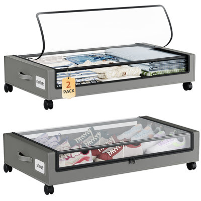 2 Pack Under Bed Storage Container, Heavy Duty Fabric Underbed Storage Bin with Clear Lid and 4 Rolling Wheels, Dustproof Under Bed Organizer for Clot
