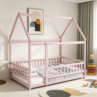 Lit au sol, lit d'enfant en forme de maison avec garde-corps complets, structure de lit en bois massif pour enfants, lit en bois pour jouer, lit plateforme pour enfants, lit pour enfants