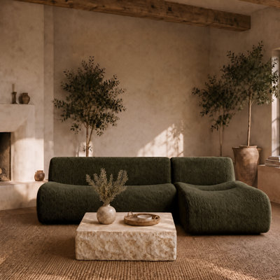 92" Curved Modular Loveseat With Chaise, Deep Seat Sherpa Boucle Couch, Compression, No Assembly