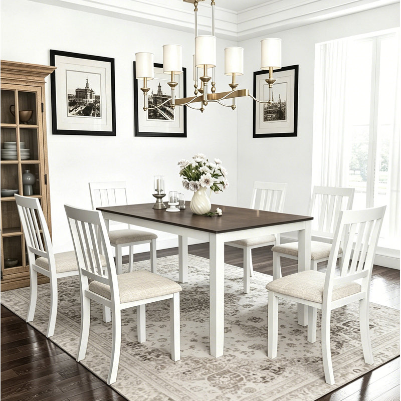 6 - Person 59" Solid Wood Dining Set, 7-Piece Set, White/Beige