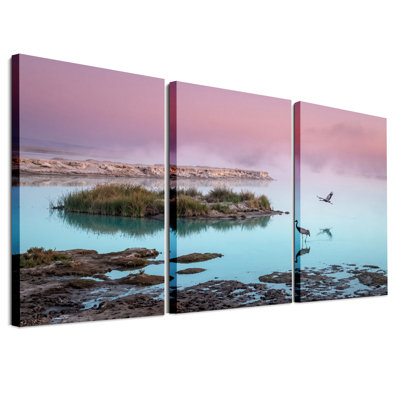 «Sandhill Cranes in Pink Misty Sky and Blue Water», art mural sur toile