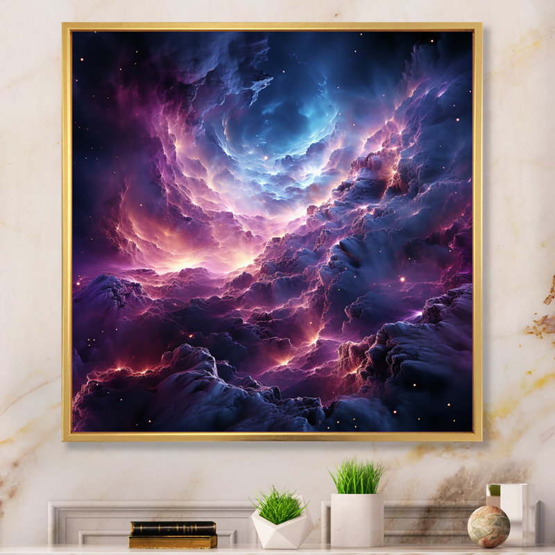 Rêves interstellaires abstraits mauve sarcelle - impression, H 16 po x l 16 po x P 1 po, Cadre flottant doré