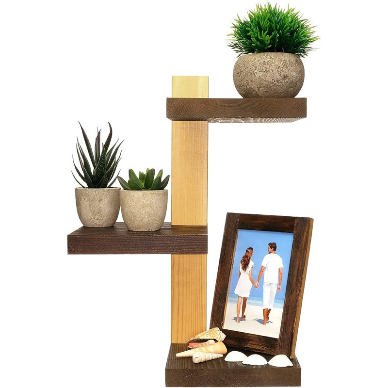 PRODUITS Tablettes d'angle flottantes à trois niveaux - Facile à assembler, plusieurs configurations (brun foncé et bois naturel)